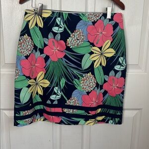 NEW Talbots Navy Skirt Pink Green Tropical Floral Design size 10 Cotton Stretch